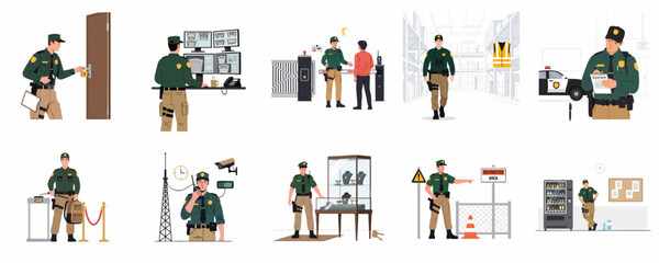 Security Guard Professional Duties Set: Access Control, CCTV Monitoring, Patrol, and Asset Protection Concepts Illustration Collection. © Akira