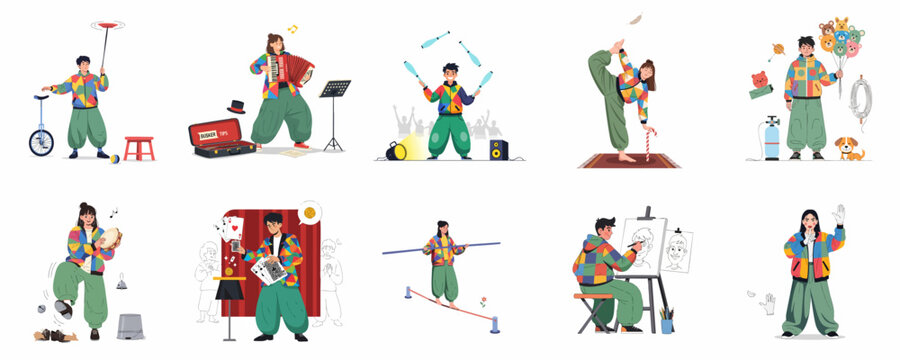 Set of colorful buskers performing street entertainment acts: juggling, music, magic, tightrope walking, and caricature art.