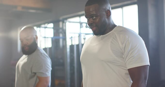 African male partners in shirts starting tucked elbows, curling hex dumbbells at gym for strength