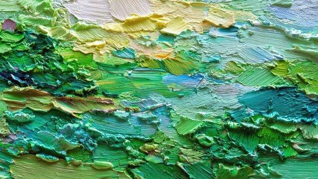Close-up of a thickly textured abstract painting with swaths of green, blue, and yellow. Concept Textured Abstract Painting, Thick Impasto, Green and Blue Swirls, Yellow Accents, Close-Up Details