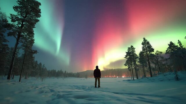 Person Watching Northern Lights in Snowy Landscape Aurora Borealis Winter Night Scene