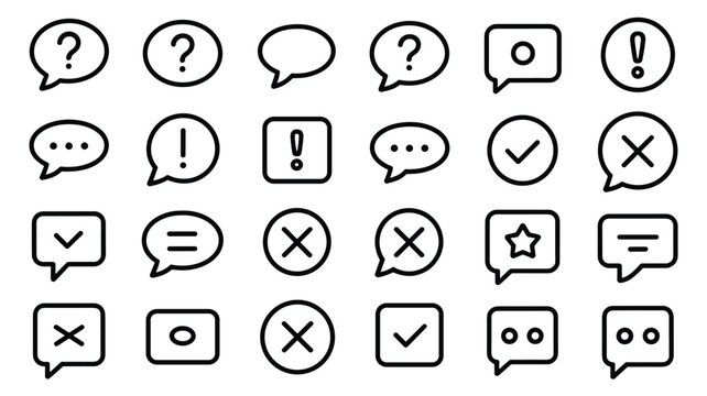 Set of 30 simple outline black and white line icons for feedback and communication vector illustration