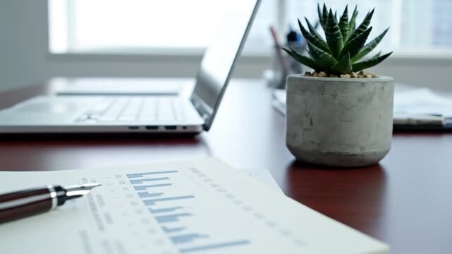 A workspace with laptop, pen on a notebook with graphs, succulent plant, and stack of papers