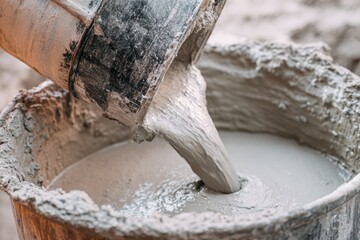 Cement mixing pouring process in construction site with close-up view