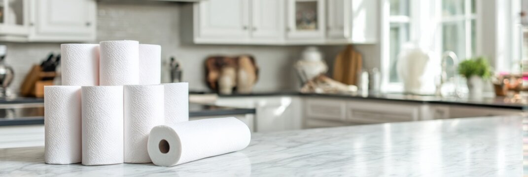 Stack of paper towels on marble countertop in bright kitchen