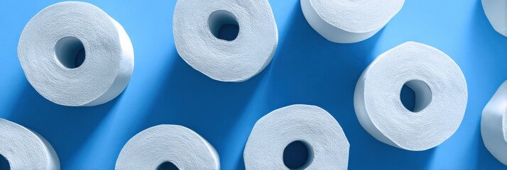 White toilet paper rolls on vibrant blue background