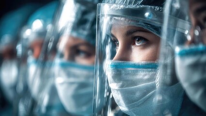 Line of healthcare workers in PPE with face shields and masks, eyes visible through protective gear. Concept Healthcare workers in PPE, Line of frontline staff, Face shields and masks