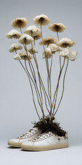 Athletes foot. Shoe hygiene Oldfashioned sneakers repurposed as charming floral containers showcasing preserved daisies