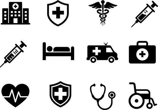 Complete medical and healthcare vector icon set, bundle of 10 hospital and medicine symbols vector illustration.