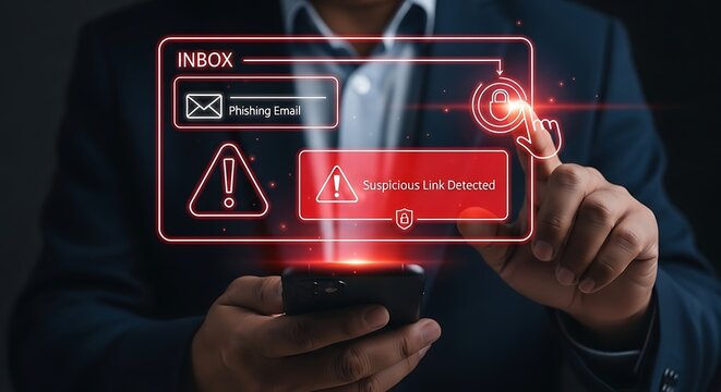 Man using smartphone interacting with holographic display warning about phishing email and suspicious link detection