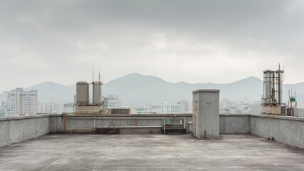 Obraz premium Rooftop with HVAC units and pipes, overlooking a hazy city skyline and distant mountains under a gray overcast sky. Concept Rooftop urban shoot with HVAC units and pipes