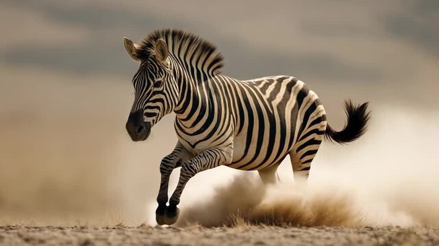 Zebra Running Through Dust on African Savanna Dynamic Wildlife Action Scene