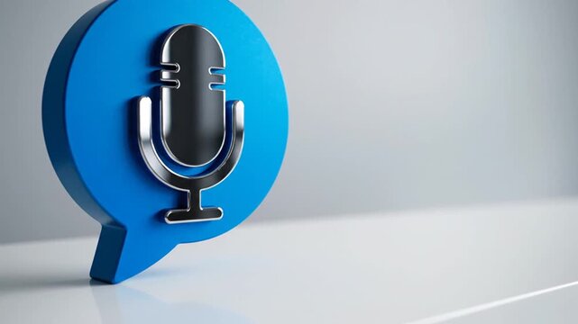 A 3D blue speech bubble with a shiny silver microphone icon, set on a glossy surface against a gradient background