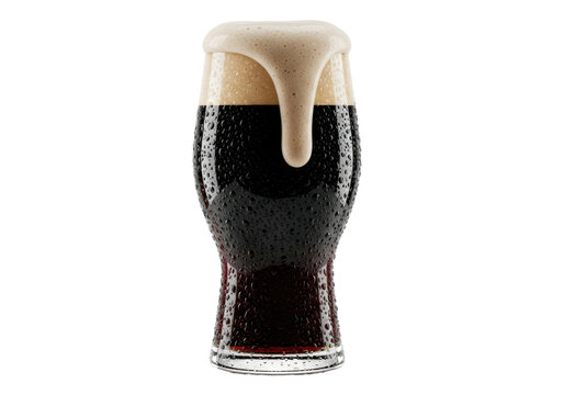 A tall glass of dark stout beer with creamy foam and condensation on a transparent background concept for beverage advertising