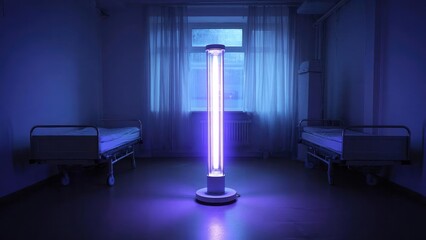 A hospital ward with two empty beds and a tall ultraviolet sterilization lamp in the center glowing purple. Concept Sterile hospital ward, Two empty beds, Purple UV sterilization lamp