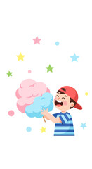 Fototapeta premium Joyful Child Delights In Colorful Cotton Candy Surrounded By Whimsical Stars And Dots