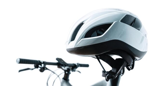 White bike helmet with black interior and strap, mounted on a bicycle with handlebars visible. Concept White bike helmet with black interior, Helmet strap detail, Bicycle handlebars visible