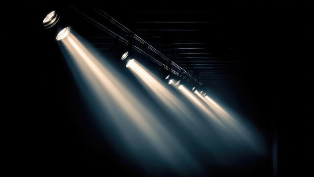 Stage spotlights along a track casting bright beams of light into a dark room. Concept Stage Lighting, Track Spotlights, Beams of Light, Dark Room Drama, Theatrical Mood