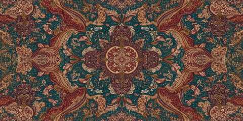 Intricate traditional Thai style fabric texture featuring an ancient floral pattern and oriental ornament on a vintage textile rug craft © Razu Ahmed Emran 2