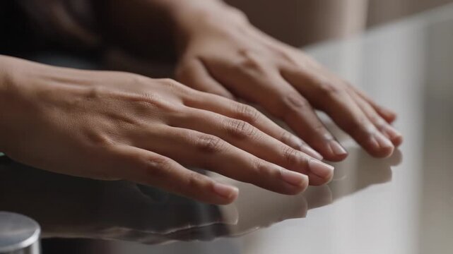Hands trembling slightly on table. A close-up shows human hands resting on a table, trembling slightly in a subtle, involuntary motion.