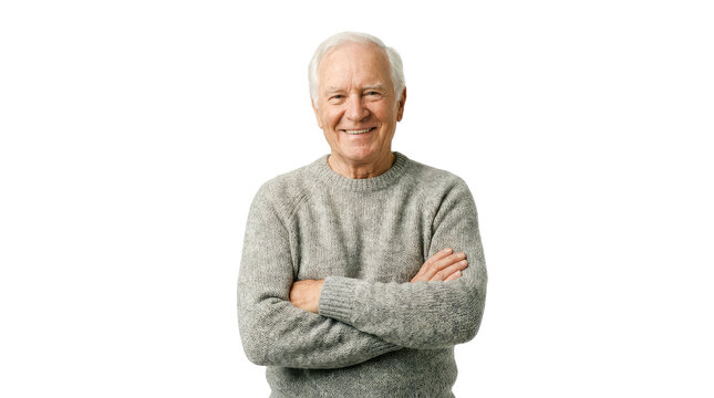 Smiling senior man with gray hair and arms crossed, wearing a light gray knitted sweater, isolated PNG with Transparent Background
