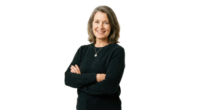 Smiling senior woman with arms crossed, wearing a black sweater, looking at camera, isolated PNG with Transparent Background