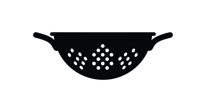 A simple black and white illustration depicts a round metal skimmer or strainer with a long handle