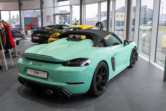 Roost Bissen, Luxembourg - January 24th 2026 : View on a turquoise Porsche 718 Spyder RS finished in Mintgruen in a showroom.
