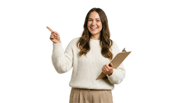 Smiling young woman in cream sweater pointing left with index finger, holding clipboard, isolated PNG with Transparent Background