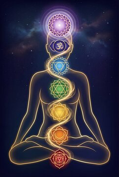 Illustration of seven chakras aligned on meditating human silhouette with kundalini energy spiral against starry cosmic background