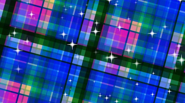 Vibrant multicolored plaid pattern with scattered stars on a grid layout viewed from a slightly angled perspective