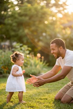 Happy Black father kneeling with open arms as toddler daughter in white dress takes first steps on garden lawn at golden hour