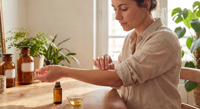 Woman applying essential oil patch test on inner forearm at home with amber bottles and plants in background