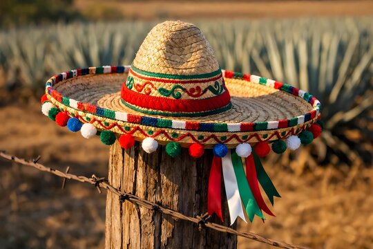 Close-up of a festive sombrero on a wooden fence post. Colorful embroidery, pom-poms, ribbons. Sunlight highlights straw texture, agave field in background. Rustic, symbolic Mexican cultural celebrati