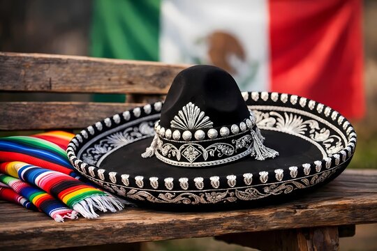 Close-up of a traditional charro sombrero on a wooden bench. Intricate silver embroidery, next to a colorful serape. Blurred Mexican flag in background. Cultural icon study for Cinco de Mayo.