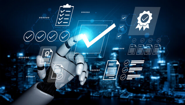A robotic hand engages with a digital interface featuring checkmarks and visual elements, illustrating the fusion of technology and automation in urban environments. Gantry