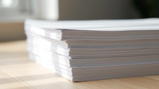 Stack of papers in subtle motion. A neat stack of identical papers slowly shifting from gentle air movement, suggesting fragile order