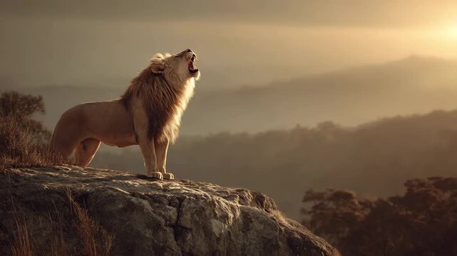 Majestic Lion Roaring on Rocky Cliff at Sunset Wildlife Power and Leadership Concept