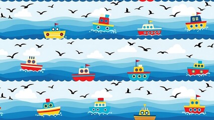 Colorful cartoon boats on ocean waves.