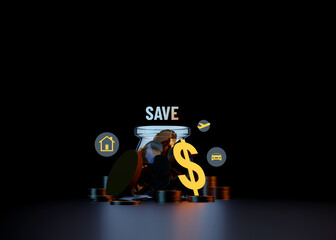 Save Money Concept Glass Jar with Coins Dollar Symbol Financial Planning Background