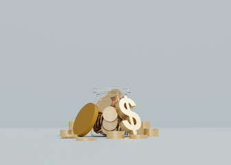 Save Money Concept Glass Jar with Gold Coins and Dollar Symbol Minimal Finance Background
