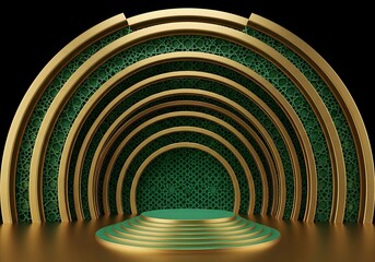 Obraz premium Luxurious golden arched stage with green patterned background and tiered display platform