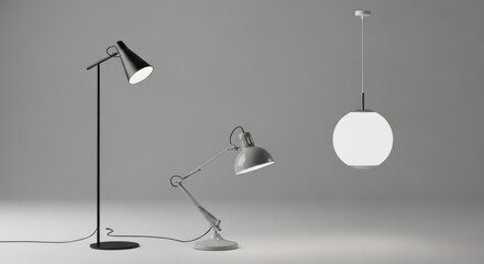 Three lamps, a floor lamp, a table lamp, and a pendant lamp, arranged in a row on a gray background.