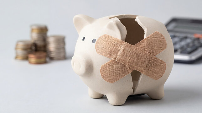 Broken Piggy Bank With Bandage Economic Crisis Concept