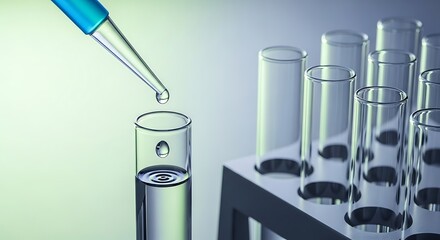 Scientific experiment with a pipette dripping liquid into a test tube filled with clear solution, surrounded by racks of tubes.