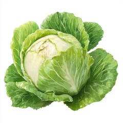 Obraz premium fresh green cabbage in realistic style with tightly layered inner leaves, broad outer foliage, natural textures, and a balanced close‑up composition in vibrant green tones