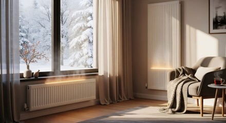 Cozy living room with window overlooking snowy winter landscape. Heating radiator warming apartment. Hygge comfort at home concept.