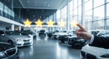 Obraz premium Happy customer giving five star rating for luxury car dealership service. High quality automotive sales, professional feedback and vehicle rental concept in bright modern glass showroom.