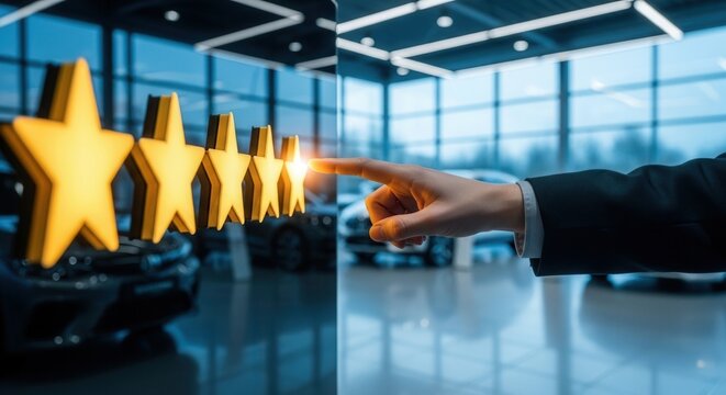 Close up of hand touching glowing five star rating icon in car dealership interior. Concept for premium automotive service, online reputation, customer satisfaction and vehicle purchase.