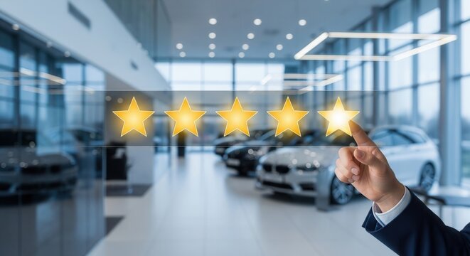 Customer feedback with five gold stars rating in automotive showroom. Professional car dealer service, luxury vehicle purchase, high quality ranking and client satisfaction business concept.
